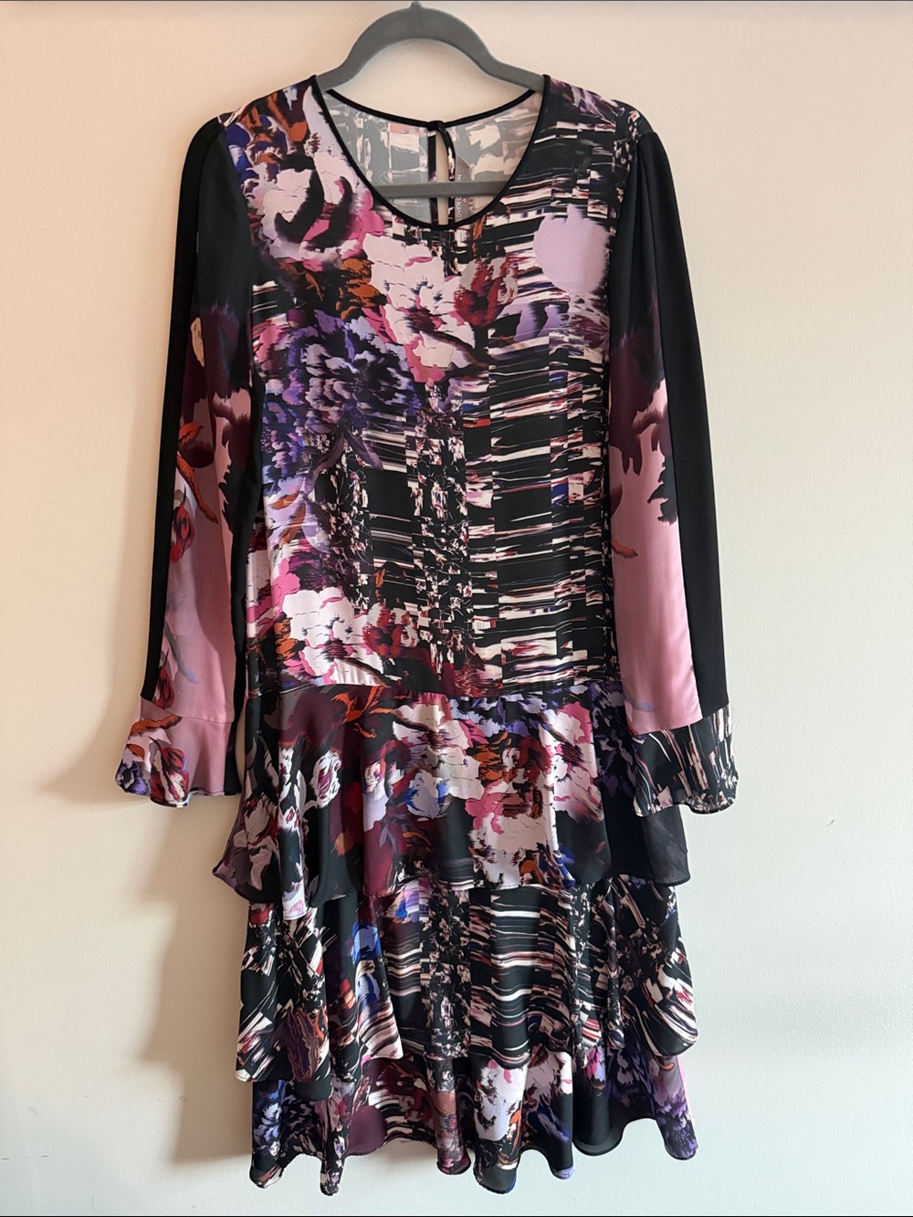 Clover Canyon Black, Purple and Pink Floral Tiered Long-Sleeve Dress